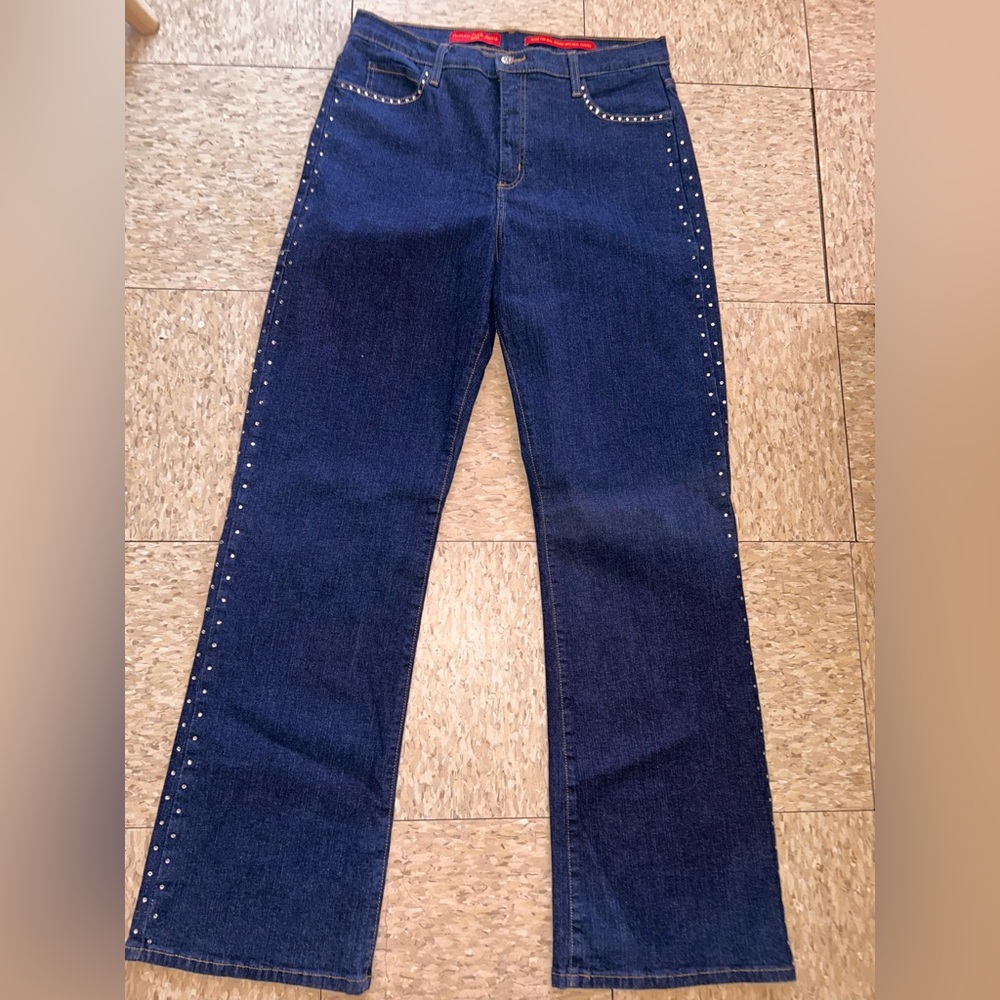 NYDJ Navy Flared Jeans with Silver Stud Side Trim